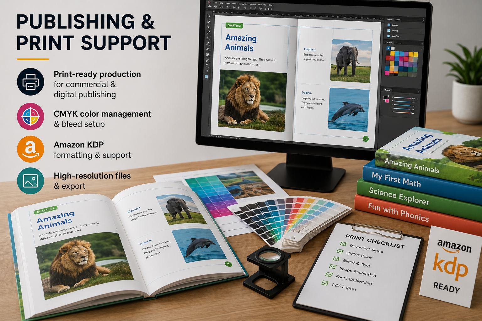 Professional publishing and print production workspace featuring print-ready book layouts, CMYK colour management tools, Amazon KDP support materials, and high-resolution publishing files.