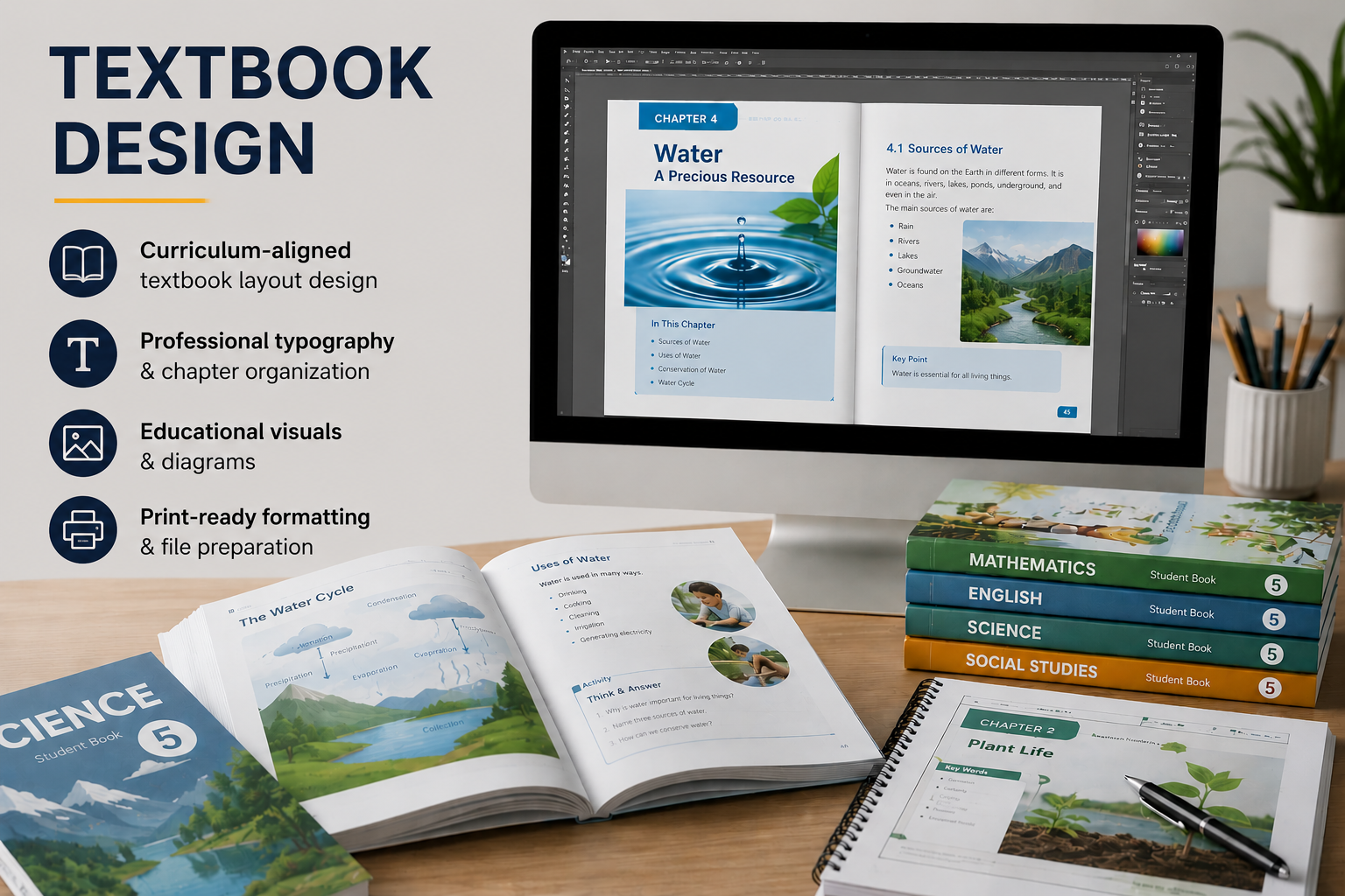 Professional textbook design workspace featuring curriculum-based book layouts, educational diagrams, and print-ready publishing materials displayed in a modern creative studio.