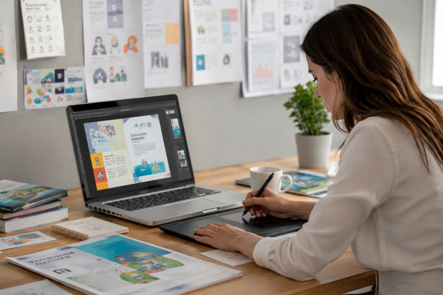 A creative educational publishing workspace with open textbooks, workbook samples, and a desktop screen showing a children’s book layout design inside a modern studio office.