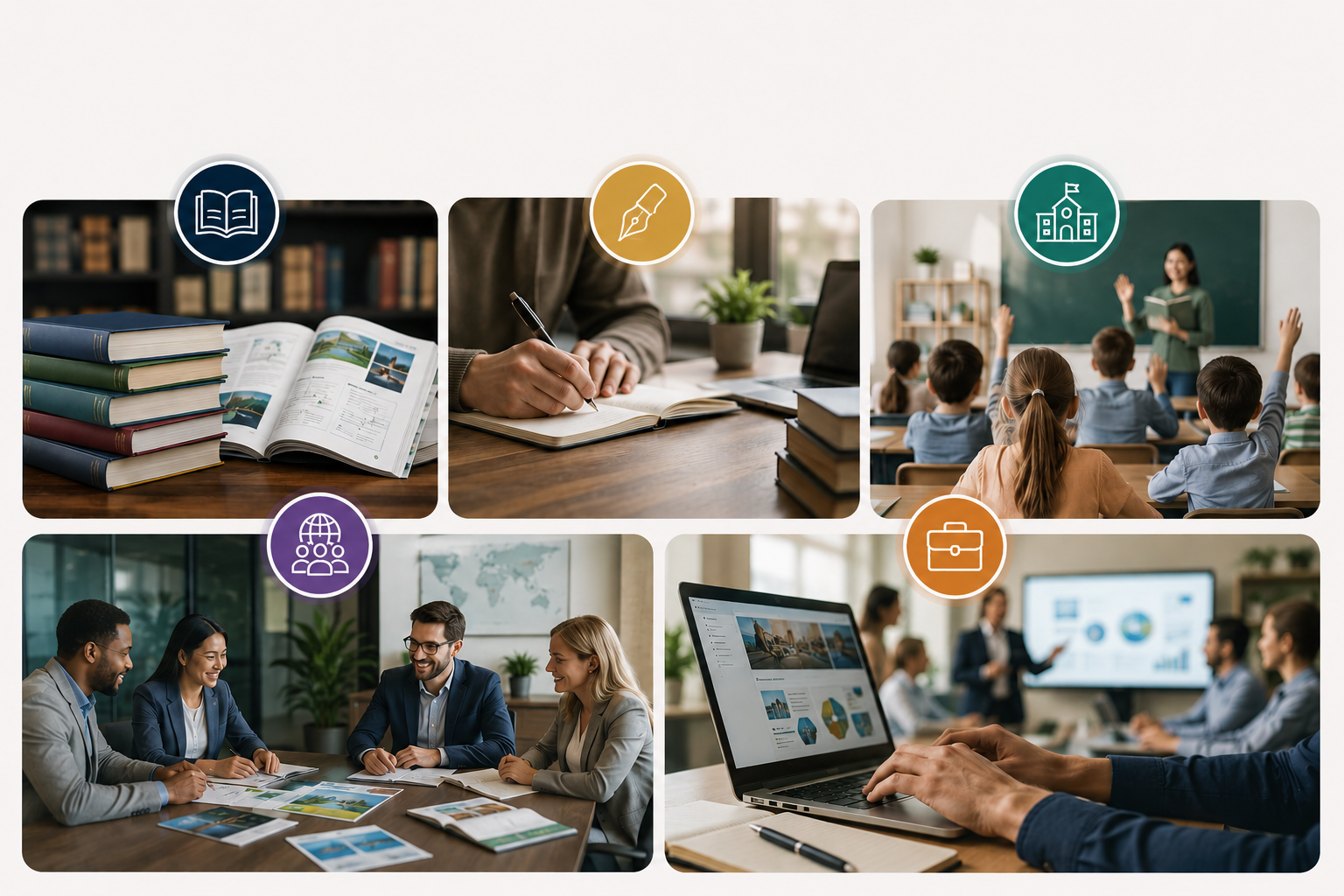 Professional educational and corporate collaboration collage featuring publishing, classroom learning, curriculum planning, digital design, and business teamwork in a modern creative environment.