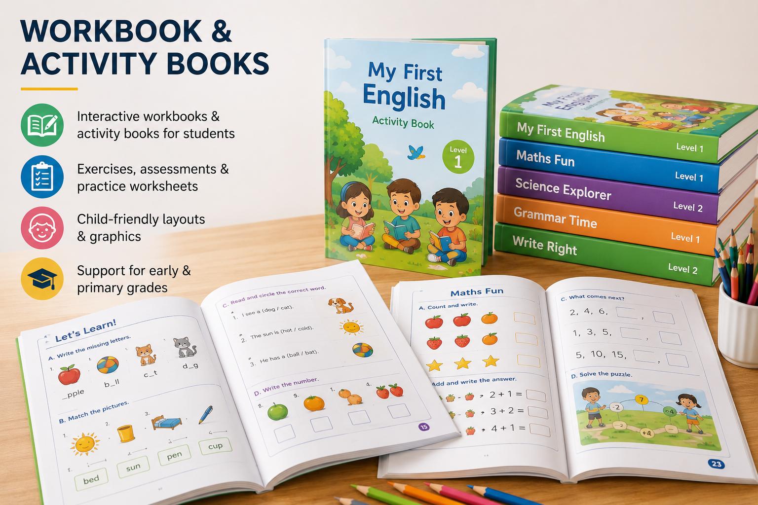 Colourful workbook and activity book designs for early learners featuring interactive exercises, child-friendly layouts, and educational practice pages in a creative classroom-style setup.